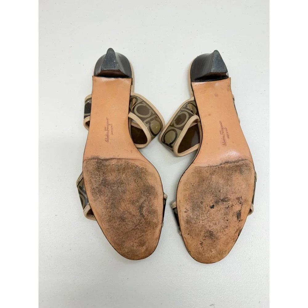 Salvatore Ferragamo Gancini Logo Lucite Block Heel Slide Sandals Tan 9.5 B